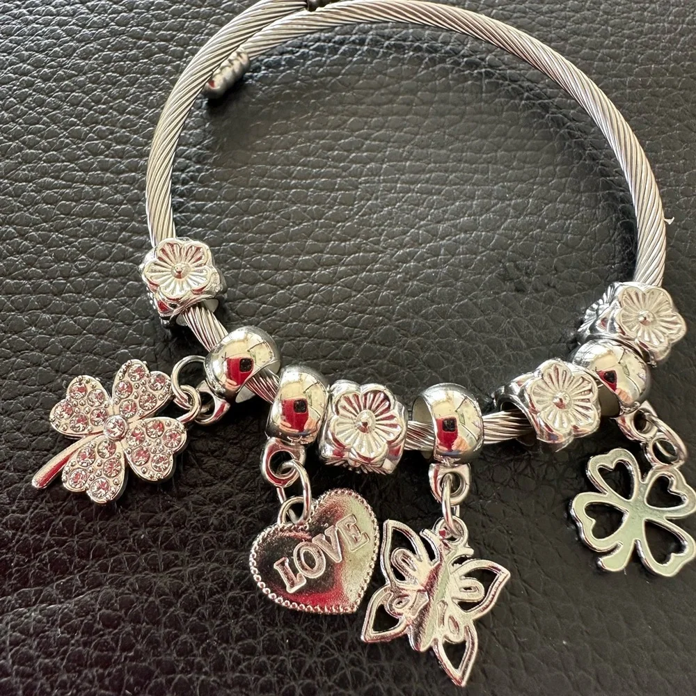Silver like Charm Bracelet with Heart and Butterfly Accents